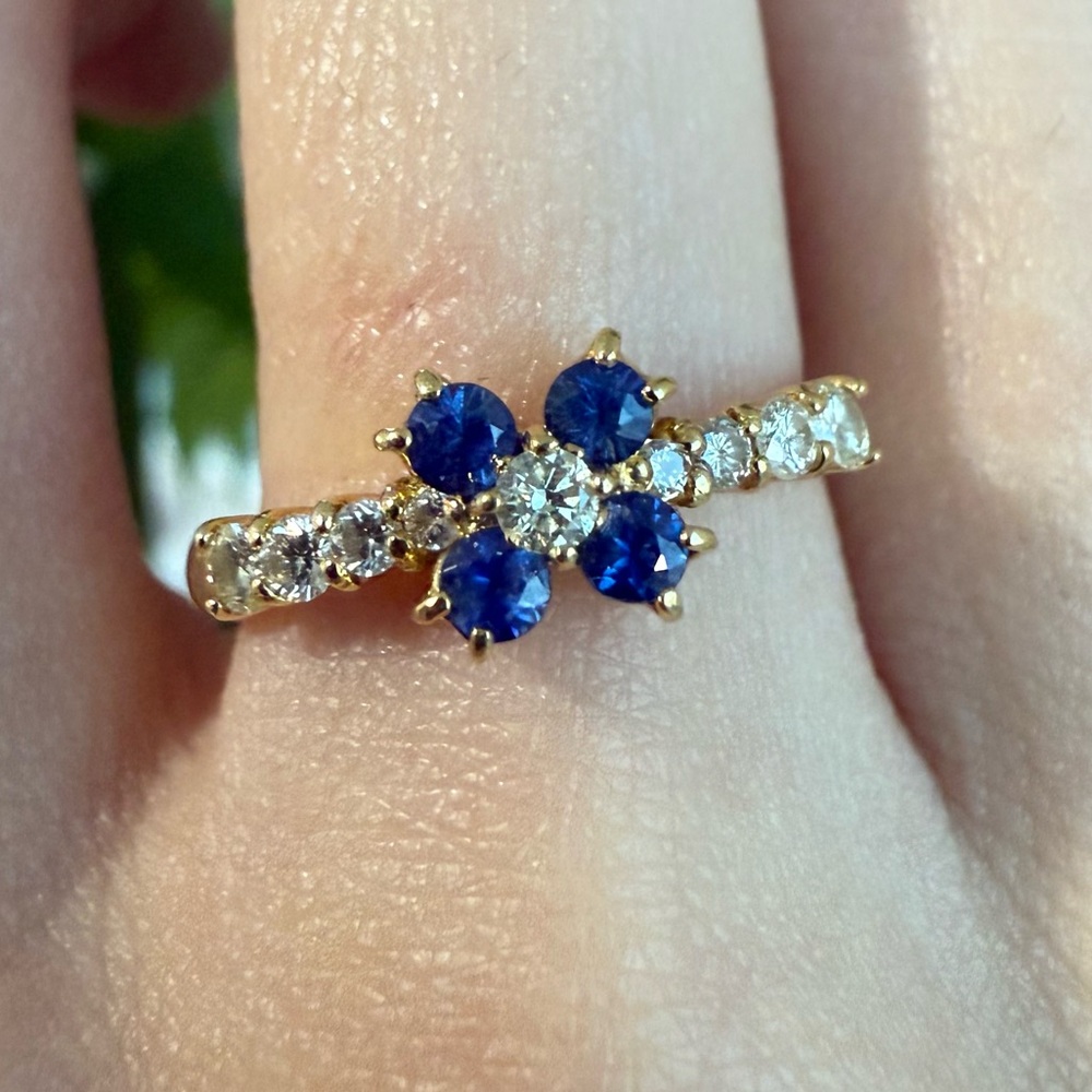 18K Solid Yellow Gold Sapphire Diamond Flower Ring